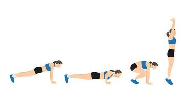 mujer haciendo burpee con empujar arriba ejercicio. plano vector ilustración aislado en blanco antecedentes