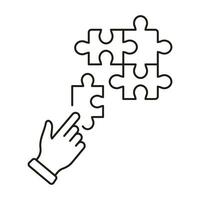 Jigsaw and Human Hand Linear Pictogram. Puzzle Strategy Solution, Team Game Line Icon. Connect Parts of Puzzle Outline Sign. Editable Stroke. Isolated Vector Illustration.