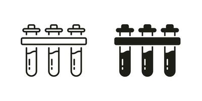 médico laboratorio muestra pictograma. prueba tubos línea y silueta negro icono colocar. química cubilete símbolo recopilación. químico Ciencias experimentar vaso matraz signo. aislado vector ilustración.