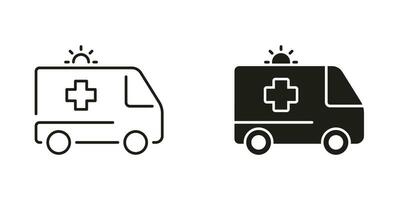 Ambulance Line and Silhouette Black Icon Set. Paramedic's Transport for First Aid Service Symbol Collection. Urgent Medical Help Sign. Emergency Car Pictogram. Isolated Vector Illustration.