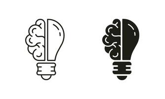 ligero bulbo inspiración, conocimiento, inteligente solución línea y silueta icono colocar. humano cerebro y bombilla idea pictograma. innovación símbolo en blanco antecedentes. aislado vector ilustración.