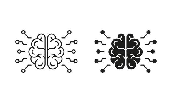 Artificial Intelligence Line and Silhouette Icon Set. Human Brain and Network Technology Concept Pictogram. AI Innovation Symbol Collection on White Background. Isolated Vector Illustration.