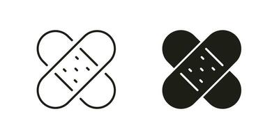 Tape for First Aid, Medical Plaster Line and Silhouette Black Icon Set. Adhesive Band for Emergency Symbol Collection. Sticky Bandage for Wound Recovery Pictogram. Isolated Vector Illustration.