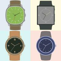 Set of four watches. Clock face with hour, minute and second hands. Vector illustration.
