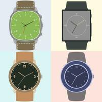 Set of four watches. Clock face with hour, minute and second hands. Vector illustration.