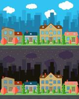 Vector city with four one and two-story cartoon houses in the day and night. Summer urban landscape. Street view with cityscape on a background