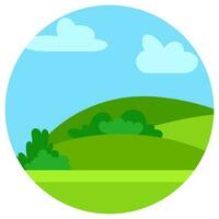 Natural cartoon landscape in circle. Vector illustration in the flat style with green hills, blue sky and clouds at sunny day.