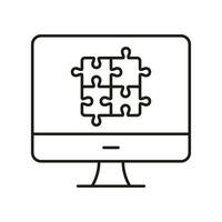 Jigsaw Game in Computer Linear Pictogram. Online Puzzle App in Computer Line Icon. Brainstorming, Teamwork, Strategy. Web Digital Puzzle Outline Sign. Editable Stroke. Isolated Vector Illustration.