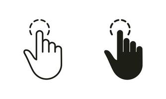 Touch Gesture, Hand Cursor for Computer Mouse Line and Silhouette Icon Set. Swipe, Click, Tap, Press, Point Sign Collection on White Background. Pointer Finger Pictogram. Isolated Vector Illustration.