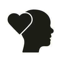 Empathy, Passion, Sympathy Feeling Silhouette Icon. Heart Shape and Human Head Glyph Pictogram. Kindness and Inspiration Solid Sign. Intellectual Process Symbol. Isolated Vector Illustration.