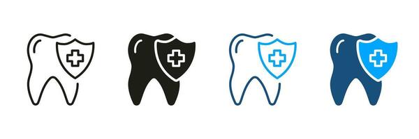 dientes proteccion, dental seguro pictograma. médico oral cuidado silueta y línea icono colocar. diente higiene y defensa símbolo recopilación. dental tratamiento signo. aislado vector ilustración.