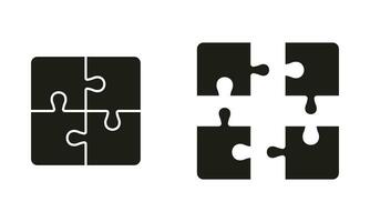 Assemble and Disassemble Jigsaw Solid Symbol. Puzzle Pieces Match, Combination Solution Silhouette Icon Set. Teamwork, Team Integration Glyph Pictogram. Isolated Vector Illustration.