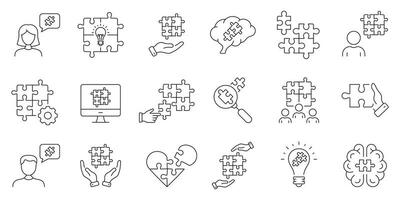 Team Management, Creative Business Outline Symbol Collection. Jigsaw Puzzle Game Line Icon Set. Brainstorm, Meeting, Solution, Teamwork Linear Pictogram. Editable Stroke. Isolated Vector Illustration.