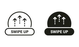 Swipe Up Button Line and Silhouette Black Icon Set. Move Arrow to Send in Social Network App Pictogram. Drag and Drop, Scroll in Mobile Application Symbol Collection. Isolated Vector Illustration.