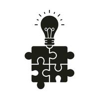 Puzzle and Lightbulb, Creative Solution Concept Solid Sign. Business Innovation, Problem Solving Silhouette Icon. Jigsaw with Light Bulb Glyph Pictogram. Isolated Vector Illustration.