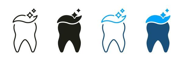 diente limpieza silueta y línea icono colocar. dental tratamiento, sano limpiar dientes. dental higiene con pasta dental pictograma. ortodoncia cuidado de la salud símbolo recopilación. aislado vector ilustración.