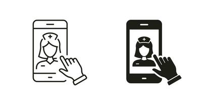 Healthcare in Mobile Phone Symbol Collection. Physician Online Consultation. Remote Doctor Pictogram. Medical Service in Smartphone Line and Silhouette Black Icon Set. Isolated Vector Illustration.