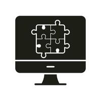 Online Puzzle App in Computer Glyph Pictogram. Brainstorming, Teamwork, Strategy. Web Digital Puzzle Solid Sign. Jigsaw Game on Computer Screen Silhouette Icon. Isolated Vector Illustration.