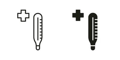 Thermometer for Diagnostic Disease Line and Silhouette Black Icon Set. Medical Tool for Temperature Control Pictogram. Health Care Instrument Symbol Collection. Isolated Vector Illustration.