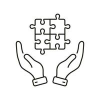 Puzzle and Human Hands Line Icon. Success Teamwork. Jigsaw Piece Linear Pictogram. Strategy, Solution, Idea, Problem Solving Outline Sign. Editable Stroke. Isolated Vector Illustration.