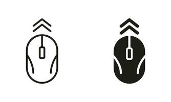 Mouse PC Line and Silhouette Icon Set. Computer Mouse, Scroll Up Pictogram. Swipe Up Arrow. Technology Wireless Computer Tool for Internet Symbol Collection. Cursor Sign. Isolated Vector Illustration.