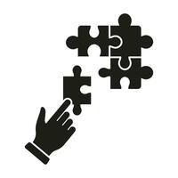 Jigsaw and Human Hand Silhouette Icon. Brainstorming and Problem Solving Process. Puzzle Strategy Solution, Team Game Glyph Pictogram. Connect Parts of Puzzle Solid Sign. Isolated Vector Illustration.