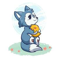 kawaii lobo y Pato mano dibujado estilo animal dibujos animados personaje vector