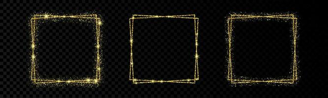 Shiny frames with glowing effects. Set of three glitter gold double square frames vector