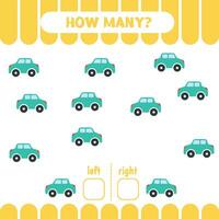 Count cars. Educational worksheet with learning left and write. vector