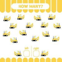 How many excavators right and left. Counting game vector