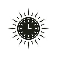 Sun Clock Silhouette Icon. Summer Time Glyph Pictogram. Sunrise and Sunset Hours. Morning Sunshine Symbol. Summertime Alarm Solid Sign. Isolated Vector Illustration.