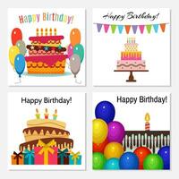 Set of four greeting cards with sweet cake for birthday celebration. Vector illustration