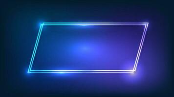 Neon double quadrangle frame with shining effects on dark background. Empty glowing techno backdrop. Vector illustration.