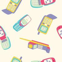 Pattern with retro mobile phone devices. Mobile phones with buttons. Cute and stylish from 90s. Hand drawn vector illustration. Vintage electronics. Flip phone