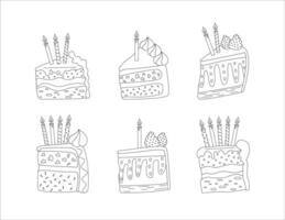 Cakes slices pieces with candles. Hand drawn sketch. Outlined on white background. Set of cakes. Vector