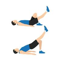 Man doing Single leg glute bridge, arm workout exercise. Flat vector illustration isolated on white background