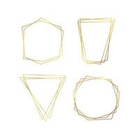 Set of four gold geometric polygonal frames with shining effects isolated on white background. Empty glowing art deco backdrop. Vector illustration.