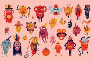 Vibrant Strange ugly Halloween characters. Cute bizarre comic characters in modern flat hand drawn style vector