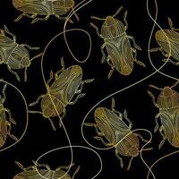 patrón impecable con cadenas y escarabajos dorados. vector