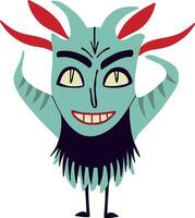 un feo diablo con grande cuernos y un gracioso sonriente rostro. . linda peculiar cómic libro caracteres en un moderno plano dibujado a mano estilo vector