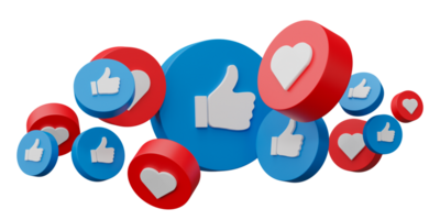 Thumb up, Like and love icon. Social media sign, technology design banner. 3D render illustration. png