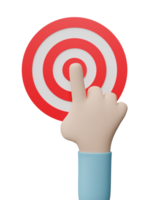 Hand cursor clicking in the center of the red dart board or target isolated on transparent background png