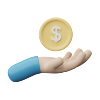 Hand with coin isolated on transparent background. Invest finance concept. 3D render Illustration. png