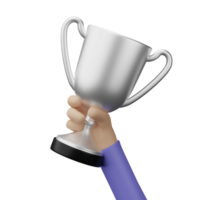 Hand holding silver champion trophy cup award. Concept of Winner prize, sport award, success. 3D render Illustration. png