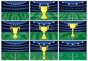 Set of nine football stadiums with a golden cup on green grass. Soccer field for playing. Vector illustration