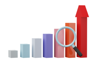 företag Diagram grafik och förstorande glas, växande barer grafisk stigande framåt- prestation mål. 3d framställa illustration. png