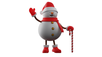 3d Illustration. atemberaubend Schneemann 3d Karikatur Charakter. Weihnachten Schneemann Gehen mit Weihnachten Stock. Schneemann winkte zu jemand er getroffen. 3d Karikatur Charakter png