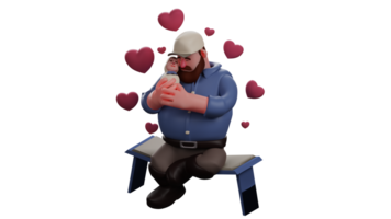 3D illustration. Romantic Father 3D Cartoon Character. Father holding baby in his arms. Dad was wearing neat clothes and a hat. Father and baby surrounded by love symbols. 3D Cartoon Character png