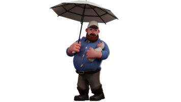 3D Illustration. Charming Father 3D cartoon character. Father invited his baby to take a walk. Father carried a baby and brought an umbrella to avoid heat. 3D cartoon character png