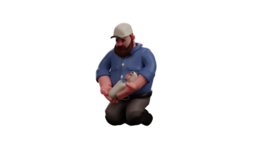 3D illustration. Uncle 3D Cartoon Character. Uncle was sitting and holding his newborn nephew in his lap. The fat uncle showed a deeply moved expression. 3D Cartoon Character png